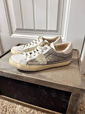 Philippe Model Paris Rhinestone Studded Sneakers White & Gold EU 37